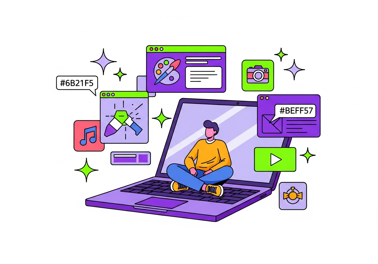 Person building an app on a floating screen surrounded by UI elements