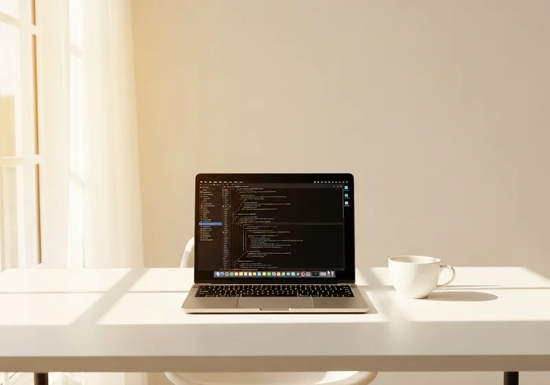 Clean minimalist workspace with laptop and warm sunlight