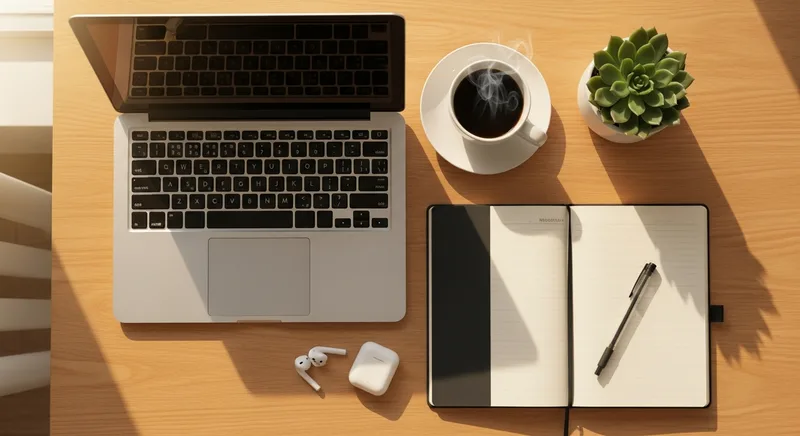 Flat lay workspace with laptop notebook and coffee
