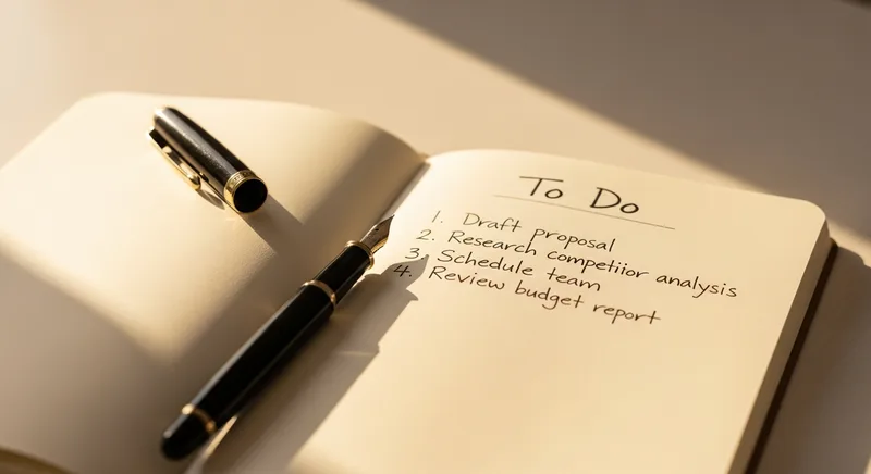 Notebook with handwritten task list and fountain pen