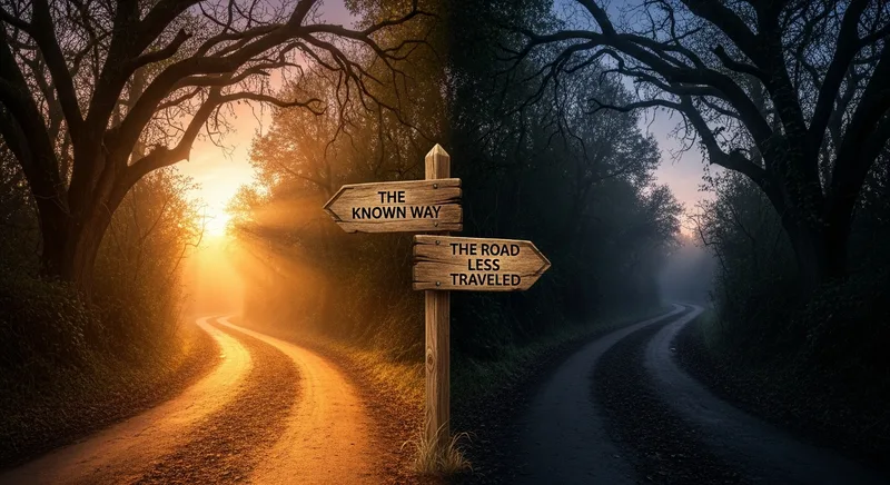 Fork in the road with one clear path and one overgrown